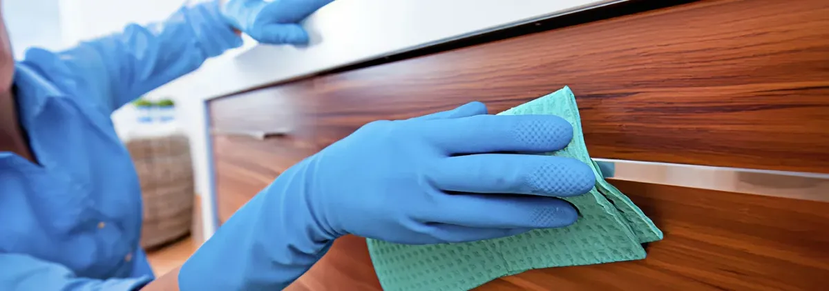 Cleaner wearing blue gloves wiping a wooden cabinet drawer with a microfiber cloth for dust and grime removal, Wichita, KS.