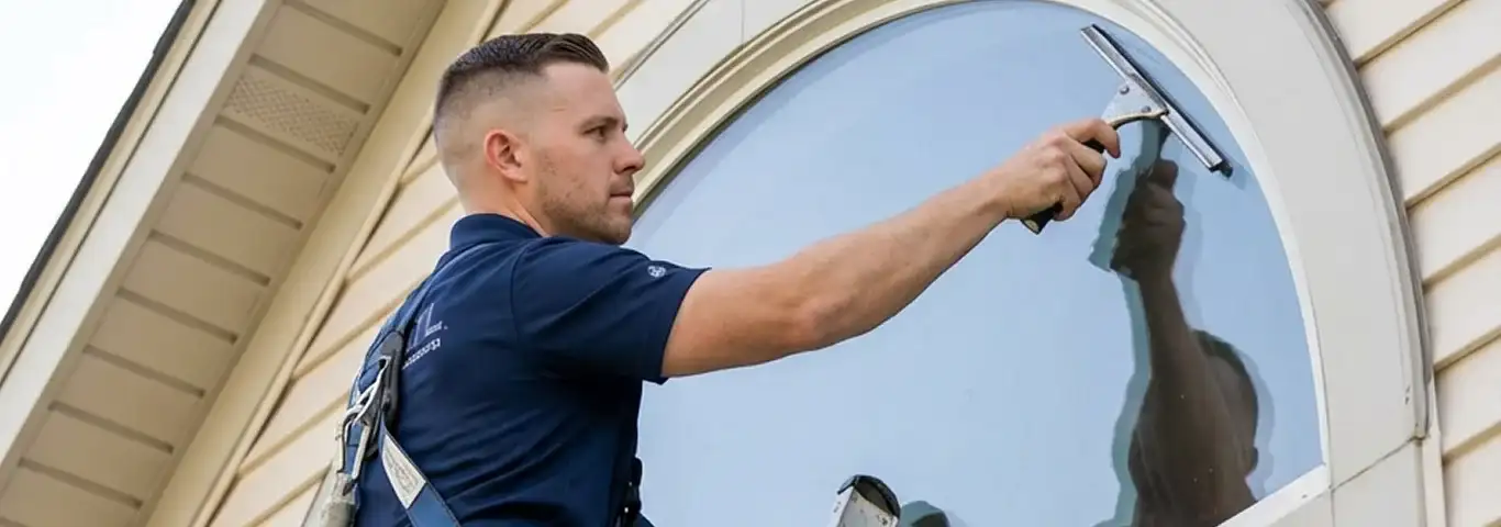Professional window cleaner using a squeegee to clean an exterior arched window on a home, Wichita, KS.