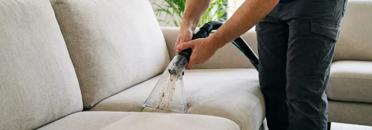 Technician extracting dirt and moisture from a fabric sofa with an upholstery cleaning wand, Wichita, KS.