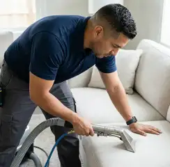 Professional upholstery cleaning technician using an extraction wand to deep-clean a fabric sofa, Wichita, KS.